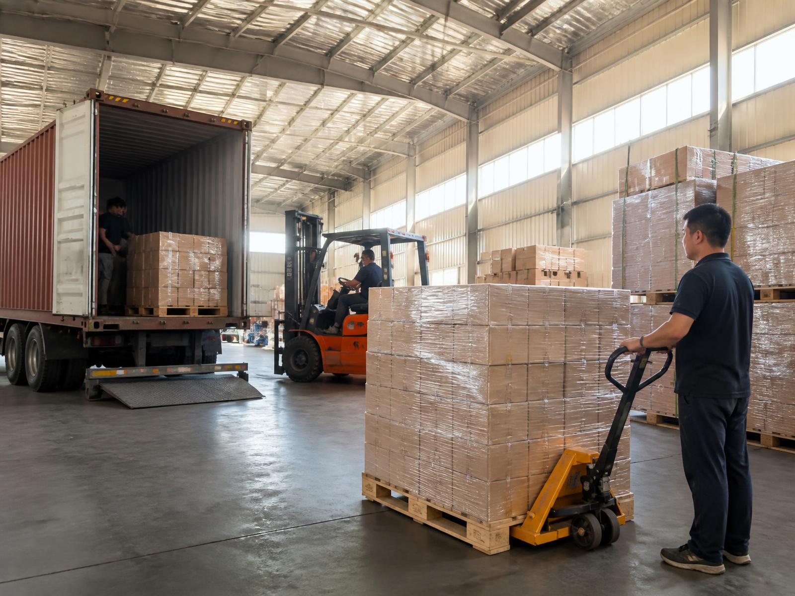 Pallets of cartons organized in a warehouse for a consolidated shipment